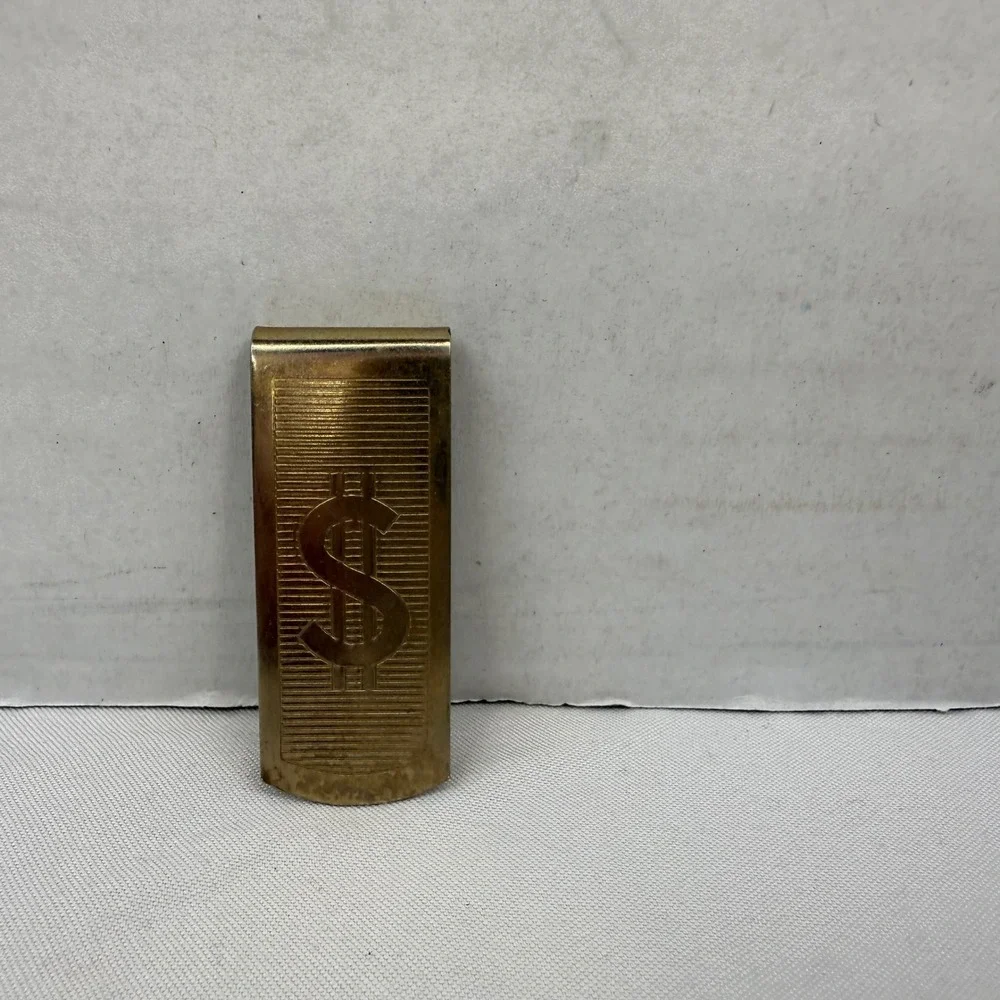 Vintage Gold Tone Dollar Sign Money Clip Ribbed Textured Men's Accessory